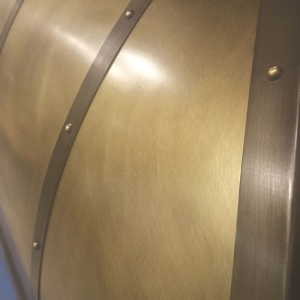 MetalCraft Custom Brass Range Hood with Dark Age Black Iron Strapping