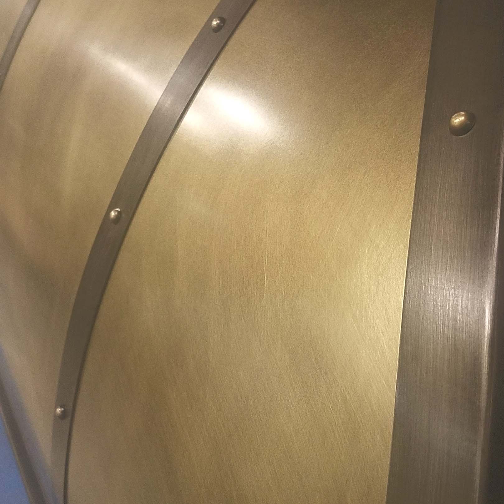 MetalCraft Custom Brass Range Hood with Dark Age Black Iron Strapping