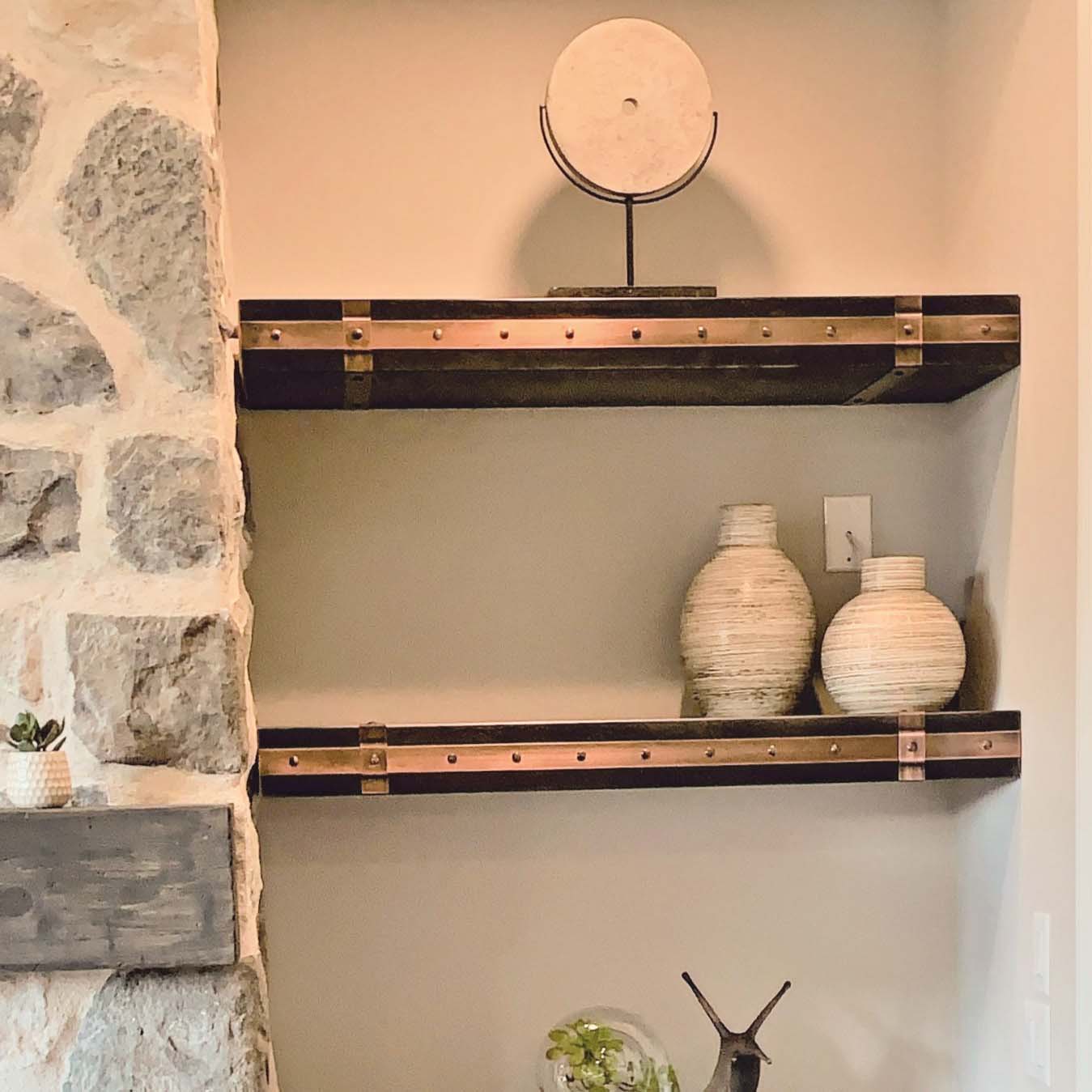 Aged Steel Shelves with Copper Strapping