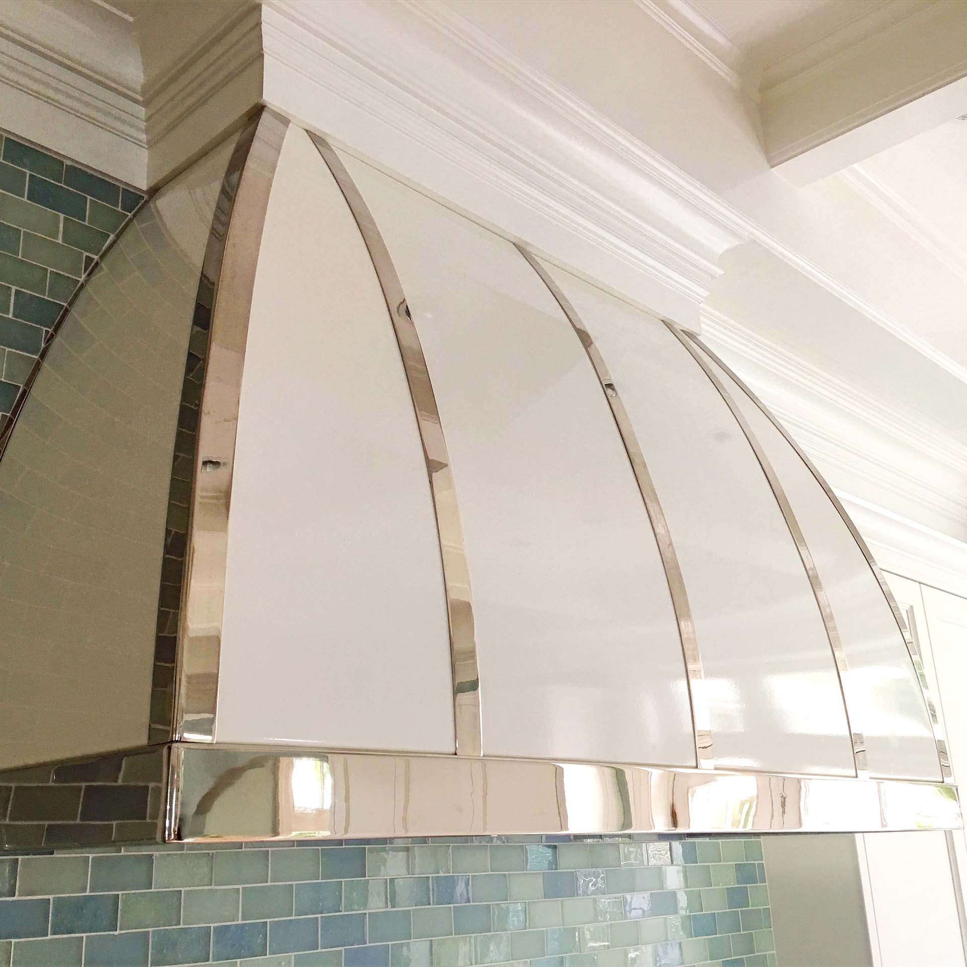 MetalCraft Custom White Powder Coated Range Hood with Mirror Trim