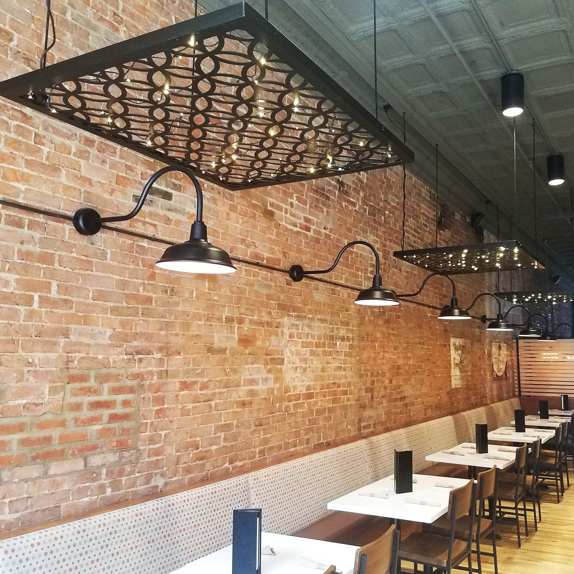 MetalCraft Custom Hanging Metal Panels Over Lights MetalCraft Custom Hanging Metal Panels Over Lights