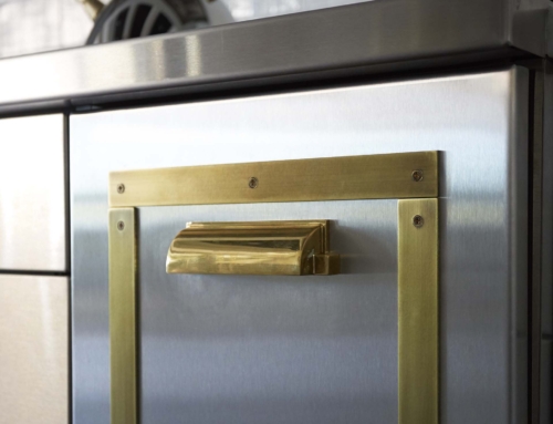 Custom Brass Door Trim Over Stainless Steel for Kitchen Cabinets